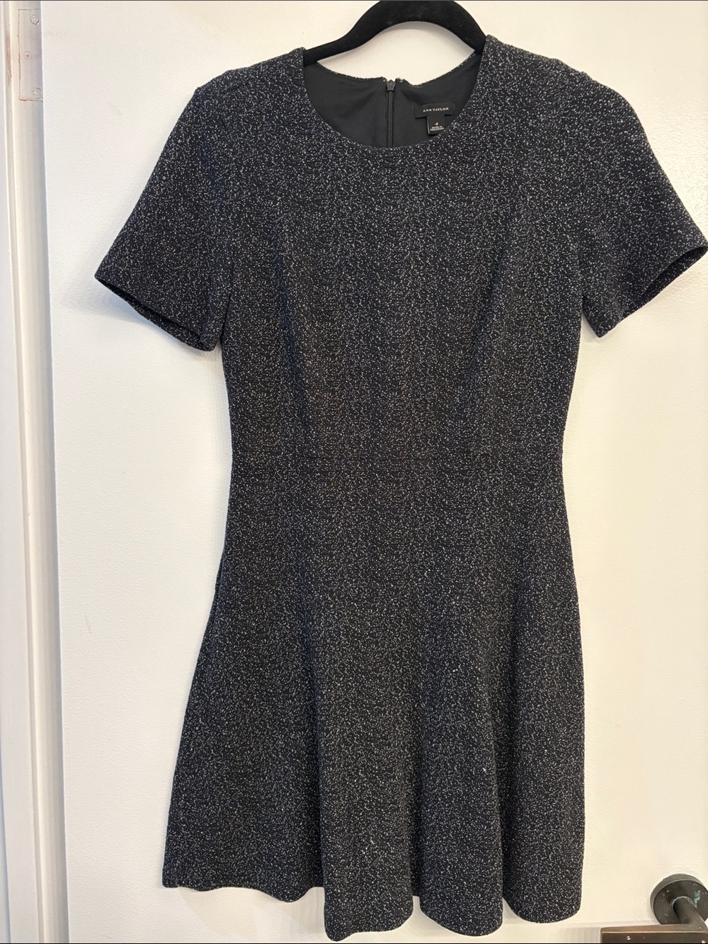 Ann Taylor Black Gray-Thread Short Sleeve Fit-and-Flare Dress